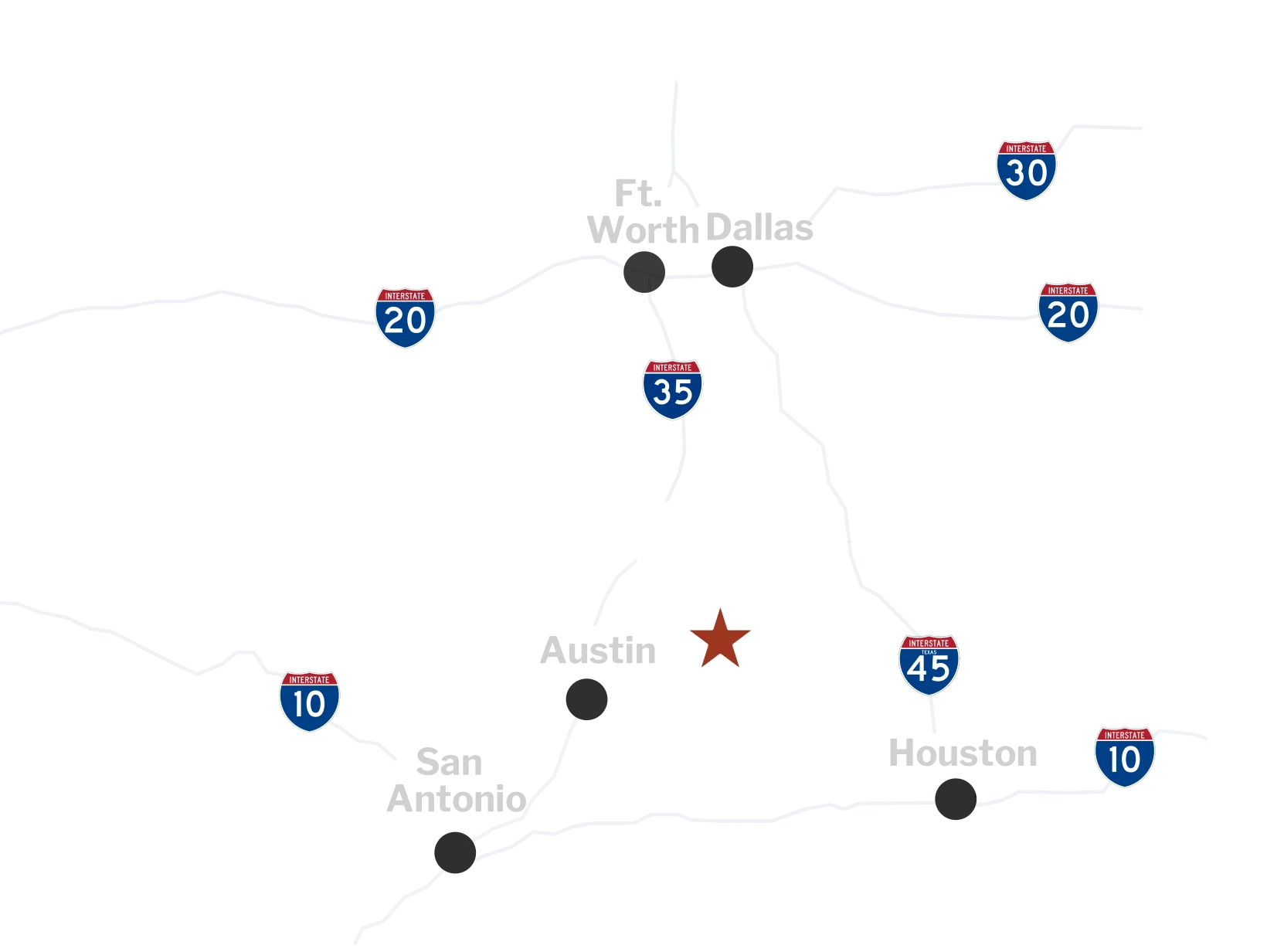 Map of the Greater Rockdale region: Rockdale sits between Austin, Dallas-Fort Worth, Houston, and San Antonio, near I-35, I-45, I-10, and I-20